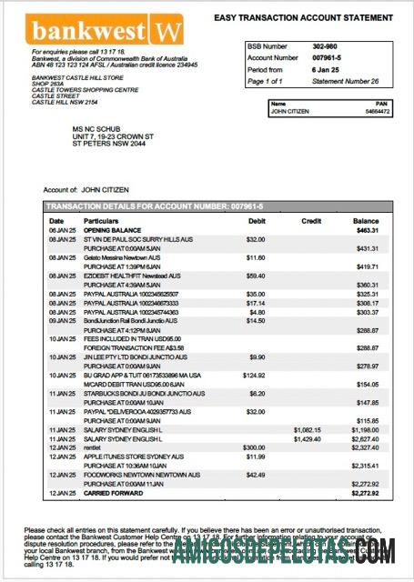 Modelo realista de extrato de conta do Bankwest da Austrália em Word e PDF